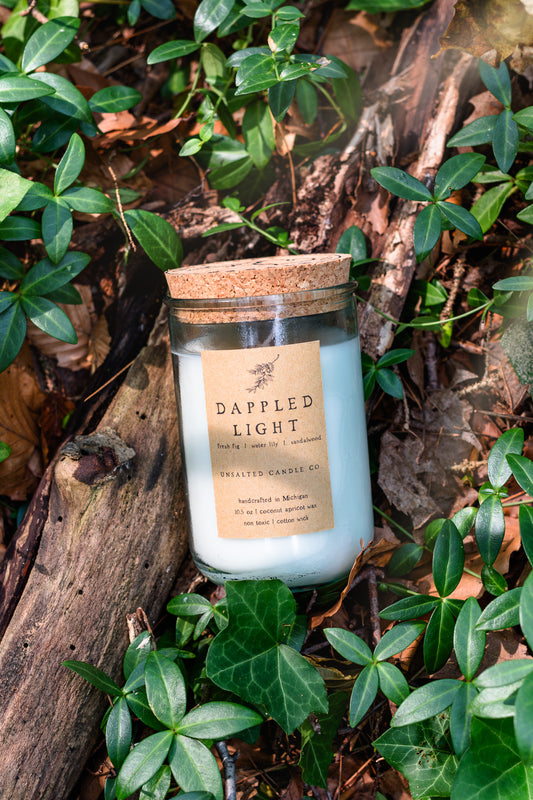 Dappled Light fig candle by Unsalted Candle Co., a Michigan-made coconut apricot wax candle with fig, water lily and sandalwood