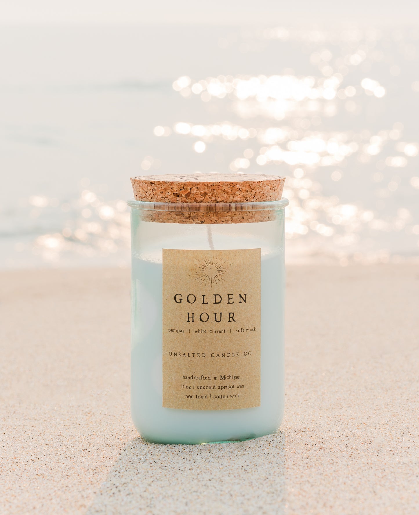 Golden Hour Michigan candle by Unsalted Candle Co. with pampas, white currant and soft musk, handcrafted with coconut apricot wax