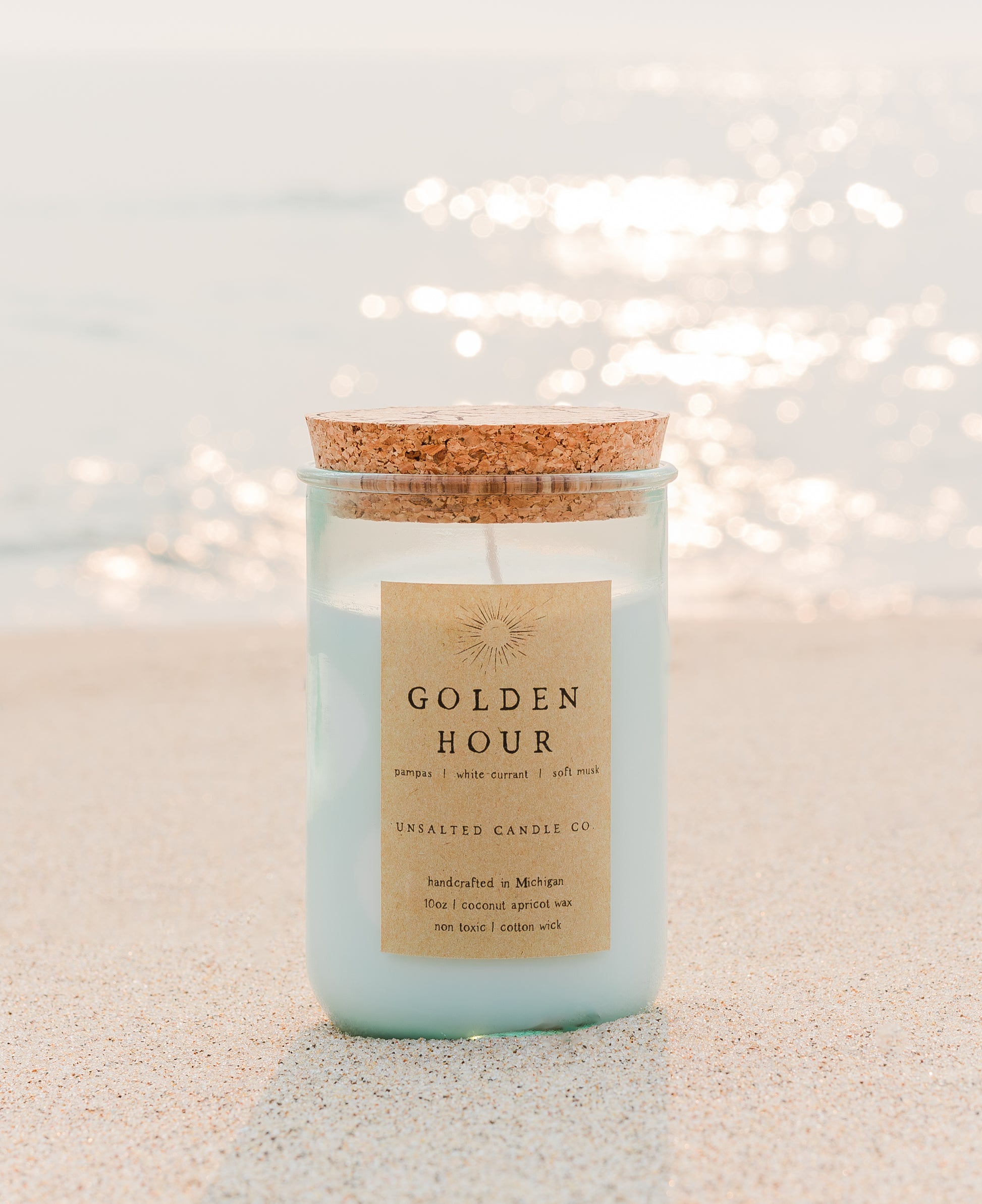 Golden Hour Michigan candle by Unsalted Candle Co. with pampas, white currant and soft musk, handcrafted with coconut apricot wax