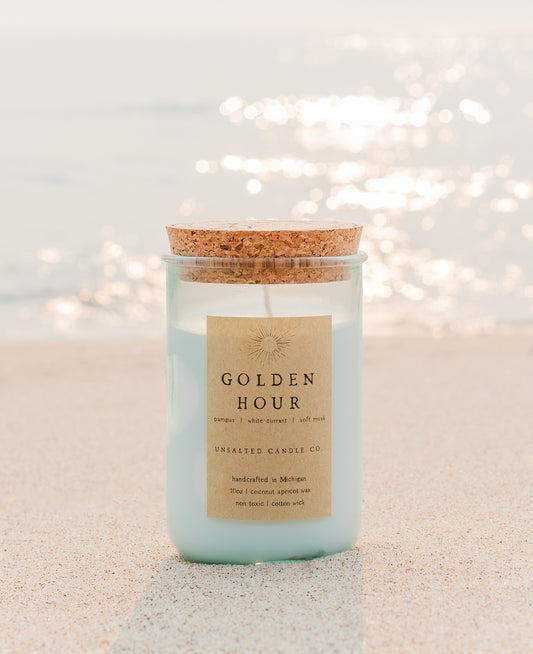 Golden Hour Michigan candle by Unsalted Candle Co. with pampas, white currant and soft musk, handcrafted with coconut apricot wax