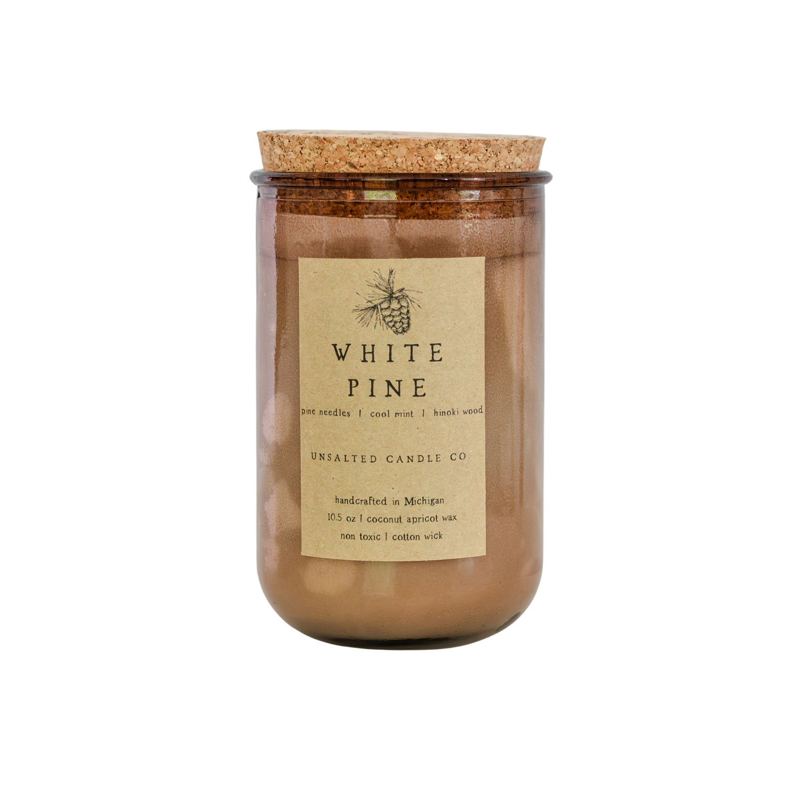 A brown glass jar candle with a cork lid and a beige paper label reading 'WHITE PINE' and 'SWEETED CANDLE CO.' on a plain white background.
