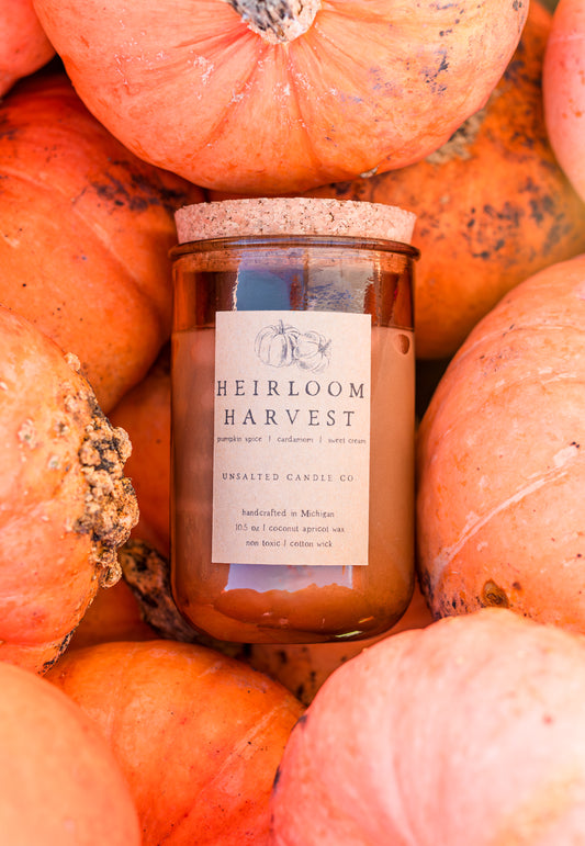 Heirloom Harvest pumpkin candle by Unsalted Candle Co. nestled among heirloom pumpkins.