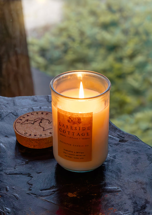 Lakeside Cottage coconut apricot wax candle by Unsalted Candle Co.